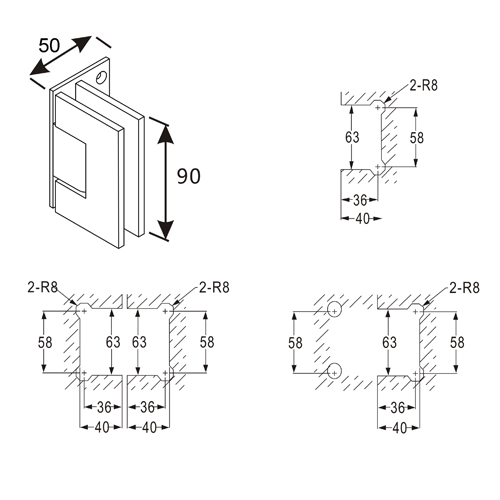 shower door hinges glass to wall full plate square edge