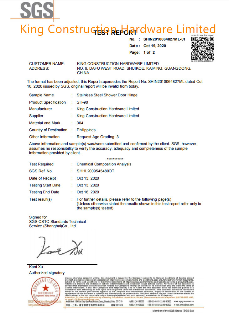 SGS Testing Report for 304 Stainless Steel